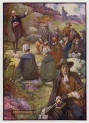 Armed sentries keeping watch during a meeting of Scottish Covenanters, 17th Century