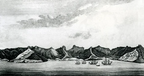 A view of Cumberland Bay at the island of Juan Fernandes, c.1745 (engraving)