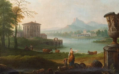 An Italian Pastoral Landscape with the Temple of Vesta Beside an Estuary