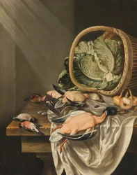 Kitchen Still Life with an Overturned Basket of Lettuce, Game and Vegetables