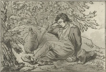 Young Man Sitting Next to a Jug