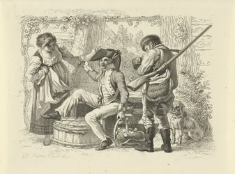 Soldier with Raised Glass Between a Woman and a Hunter (Study Prints)