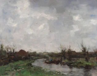A River Landscape with Farm Houses, Late 1870s