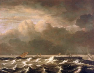 Stormy sea crashing over the pier, showing small fishing boats caught in the storm
