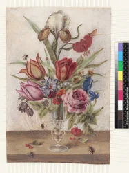 Venetian glass goblet containing tulips, roses, anemones, gentian, fritillary, iris variegated, lilium chalcedonicum, maybug, may-fly, lily-of-the-valley and primula