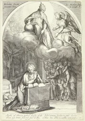 The Lord and Gabriel Await the Annunciation, Mary Kneeling Below