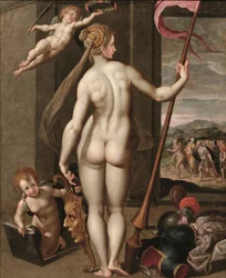 Minerva holding a lance while being crowned with laurels by a putto