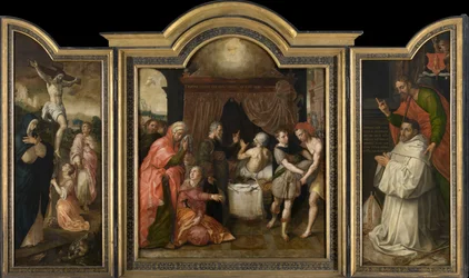 The Crucifixion (left wing), The Prophecy of the Recovery of Hezekiah (centre panel), Abbot Jacobus Delrio with Patron Saint (right wing)