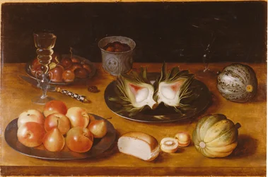 Still Life of Fruit, with Glasswork and a Bun, on a Wooden Ledge