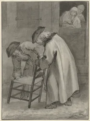 Two Men with Hats Looking at a Wicker Chair