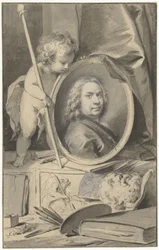Self-Portrait in Medallion Surrounded by Painting Attributes