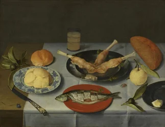 Breakfast with bread, cheese, fish and beer, c. 1615