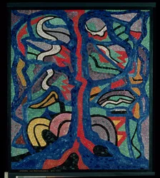 Tree, composition in red, black, blue and yellow
