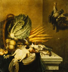 An Overturned Basket of Fowl, Turnips, Apples, Onions and a Cabbage on a Ledge Draped with a Green Cloth