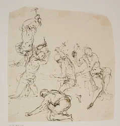 Five Studies of Stonemasons or Blacksmiths Working in a Forge