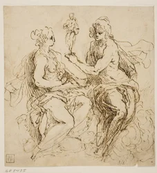 Personifications of Painting and Sculpture Sitting on Clouds