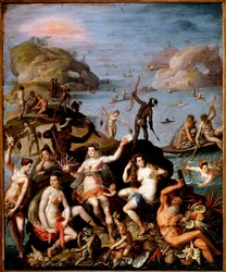 Coral fishing. Allegorical representation of the discovery of the New World. Aquatic and Indian nymphs with the riches of the sea, coral and pearl shells. Approx. 1585, dimensions: 55 x 45 cm, Rome, Galleria Borghese