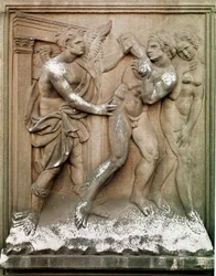 Adam and Eve Hunts of Earthly Paradise. Low Embossed Marble by Jacopo Della Quercia, 1430-1435. Bologna, Chiesa di San Petronio