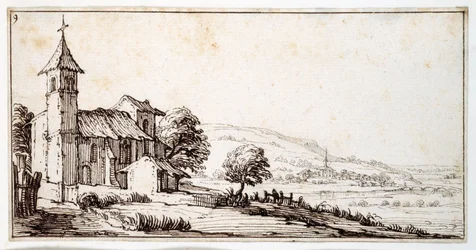 A River Landscape Close to Nancy, with Maxeville Village Church and Another in the Middle Distance, from an Album Belonging to Israel Silvestre, c.1630