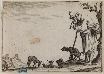 The Caprices, the Shepherd Playing the Flute. Thirty-seventh number in the suite of 50 prints engraved in Nancy (Lieure 464, Meaume 833)