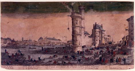 Paris, Ile de la Cite, Le Pont Neuf and the Tower of Nesle. Engraving by Jacques Callot