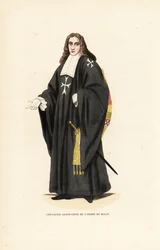 Grand Cross of the Knights Hospitaller, Order of Malta, Order of Knights of the Hospital of Saint John of Jerusalem, Chevalier Grand-Croix de l’Ordre de Malte. Handcoloured woodblock engraving after an illustration by Jacques Charles Bar from Abbot Tiron’s