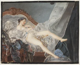 A Naked Girl, Lying on Her Back on a Canapé between Large Draperies