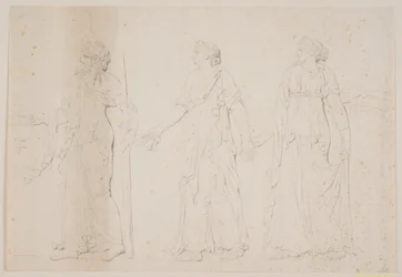 Offering (?) Three Figures in Greek Garments. In Front, a Man Carrying an Amphora and a Staff or Torch, Followed by Two Women