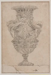 Decorative Vase with Large Head, Sea God and Water Nymph. Copy after Plate 26 in the Suite of Vases Drawn by Saly in 1746. 
