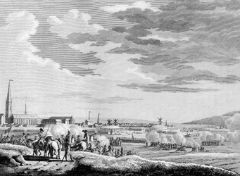 War of the French Revolution and anti-revolutionary movements: French victory of the Battle of Hondschoote near Dunkirk against the British and Austrian anti-revolutionary troops in 1793. Engraving by Berthaut after Swebach. Paris, Library of the Institute