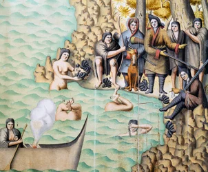 Native Women Catching Shellfish in Strait of Magellan, Watercolour by Duplessis during Jacques Gouin de Beauchesne