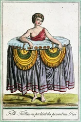 Young woman offers gifts to the king, Tahiti, Society Islands, engraving from Encyclopedia of voyages