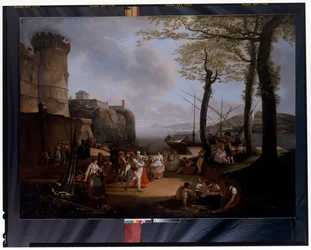 La Tarantelle: An Evening Coastal Landscape with Neapolitan Peasants Dancing the Tarantella