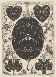 Oval Pendant Decorated with Schweifwerk, Surrounded by Smaller Motifs and Four Birds, ca. 1614-19