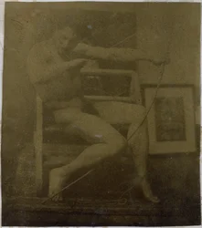Study of a Male Nude Model, Sitting on a Step, Seen from the Front with Rope and Bow on Lap, in the Studio of Jacques de Lalaing