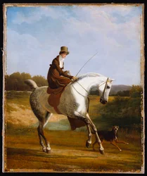 Miss Cazenove on a Grey Hunter, a Dog running Alongside