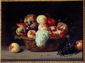 Basket of grenades, peaches and grapes
