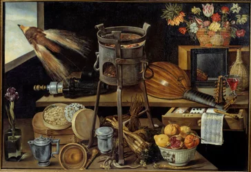 The five senses and the four elements, some objects bear the arms of the Richelieu family. Still life of wine, fruit, flowers and musical instruments, 1600-1645, 1627, dimensions 1.05 x 1.53 m