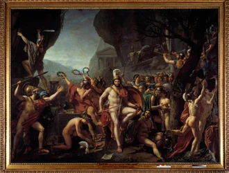 Leonidas at Thermopylae. Episode of the Battle of Thermopylae in 480 BC, opposing the Greeks to the Persians of Xerxes I: Leonidas I, King of Sparta, holding his arms, sits on a rock near the altar of Hercules; in the background a troop of Spartans
