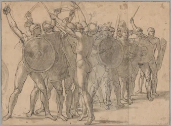 Nude Soldiers Gesticulating with Their Weapons (recto); Two Drapery Studies for the Figure of Tatius (verso)