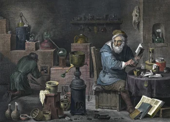 The alchemist. Engraving by Jacques-Louis Pérée. 17th century.