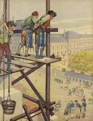Construction Workers Look Down from the Scaffolding on the Place des Pyramides