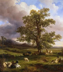 Animals Resting around a Large Oak Tree, 1842