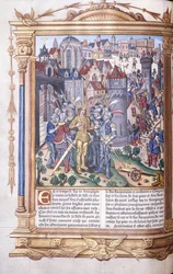 Illuminated manuscript depicting a king and his army before a city, 1503-04
