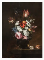 A Rose, Tulip, Iris, Poppies, Honeysuckle, and Other Flowers in a Glass Vase with Seashells on a Ledge