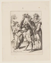 A Blindfolded Cupid Holding a Torch Before a Couple, from The Masquerades