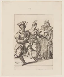 A Veiled Woman with Two Musicians Playing a Gridiron and a Bellows, from The Masquerades