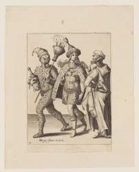 An Old Mummer Addressing a Couple Dressed in Leaves and Bird Feathers, from The Masquerades