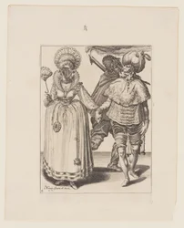 Man with a Turban Leading a Woman Wearing Peacock Feathers, Behind Them a Torchbearer, from The Masquerades