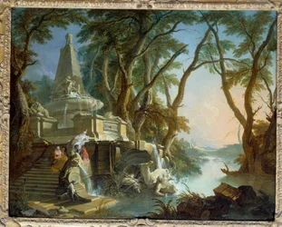 Landscape with pyramidal fountain and statue of Neptune